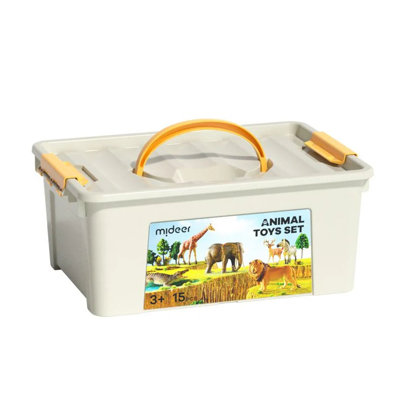 Conjunto 15 figuras de animales salvajes + caja almacenamiento Mideer.