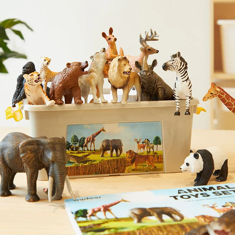 Conjunto 15 figuras de animales salvajes + caja almacenamiento Mideer.