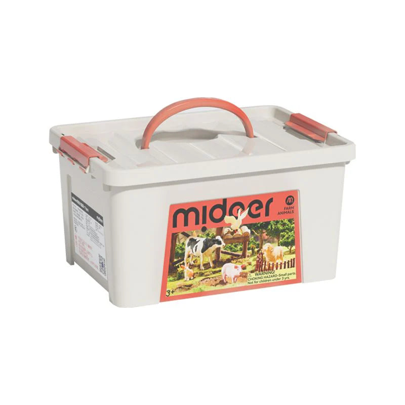 Conjunto 11 figuras de animales de granja + caja almacenamiento Mideer.
