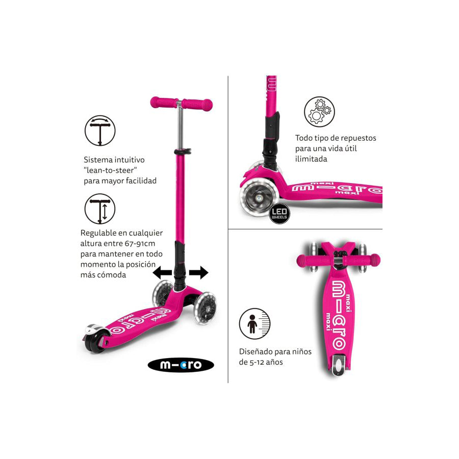 Patinete Micro Maxi Deluxe Plegable LED Rosa Chicle