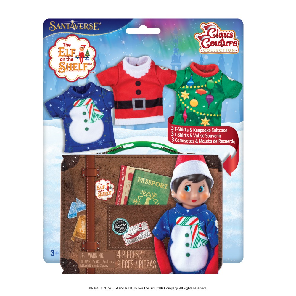 The Elf on the Shelf. Vestuario "Claus Couture", pack 3 camisetas navideñas con maleta